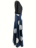 Women One Shoulder Short Sleeve Color Block Polka Dot Holidays Maxi Dress
