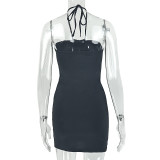 Women Solid Halter Neck Ruched Sexy Backless Bodycon Dress