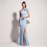 Women One Shoulder Beaded Floral Split Formal Party Maxi Evening Dress