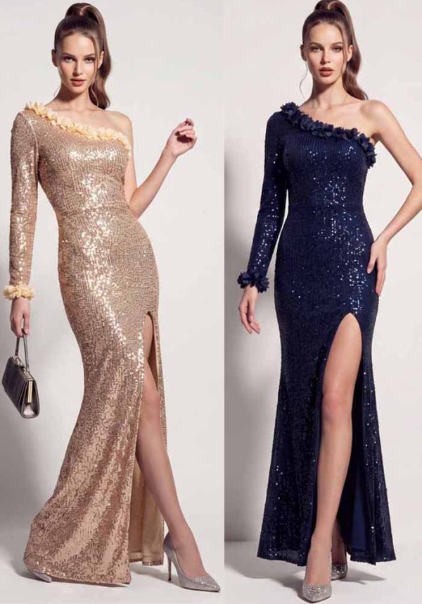 Women One Shoulder Single Sleeve Sequin Floral Split Formal Party Maxi Evening Dress