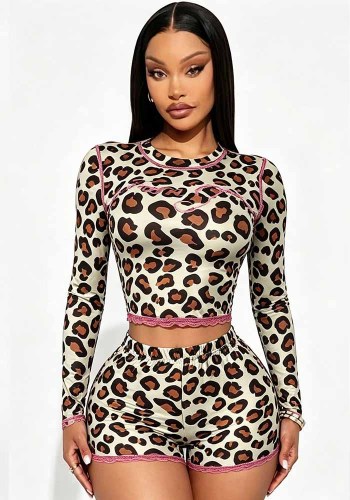 Women Leopard Print Stretch Long Sleeve Top and Lace Trim Shorts Two Piece Set