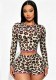 Women Leopard Print Stretch Long Sleeve Top and Lace Trim Shorts Two Piece Set
