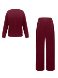 Women Round Neck Long Sleeve Top and Wide Leg Pant Casual Two Piece Set
