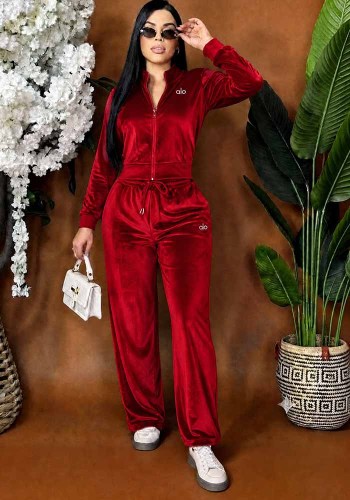 Women Fall Winter Velvet Stand Collar Zipper Coat and Wide Leg Long Pant Casual Two Piece Set