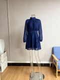 Women Fall Solid Chiffon Stand Collar Lantern Sleeve Bow Dress