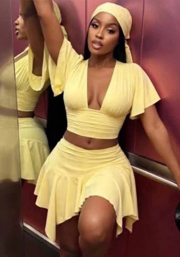 Women Solid V-Neck Top and Skirt Two Piece Set
