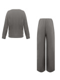 Women Round Neck Long Sleeve Top and Wide Leg Pant Casual Two Piece Set