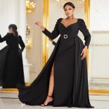 Plus Size Women Black V-Neck Split Elegant Formal Party Dress