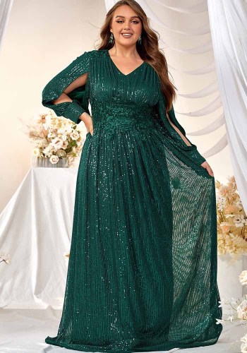 Plus Size Women Sequin V-Neck Split Long Sleeve Max Dress