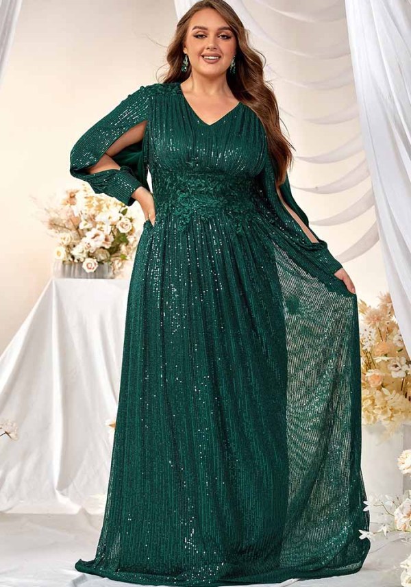 Plus Size Women Sequin V-Neck Split Long Sleeve Max Dress