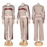 Women Stand Collar Long Sleeve Top and Wide Leg Pant Casual Two Piece Set