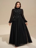 Plus Size Women Spring Summer Long Sleeve Beaded Applique Elegant Maxi Dress