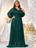 Plus Size Women Sequin V-Neck Split Long Sleeve Max Dress