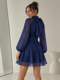 Women Fall Solid Chiffon Stand Collar Lantern Sleeve Bow Dress
