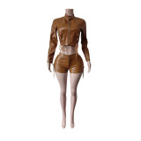 Women Pu-Leather Long Sleeve Top and Tie Shorts Two Piece Set