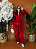 Women Fall Winter Velvet Stand Collar Zipper Coat and Wide Leg Long Pant Casual Two Piece Set