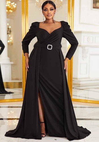 Plus Size Women Black V-Neck Split Elegant Formal Party Dress