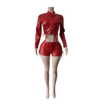 Women Pu-Leather Long Sleeve Top and Tie Shorts Two Piece Set