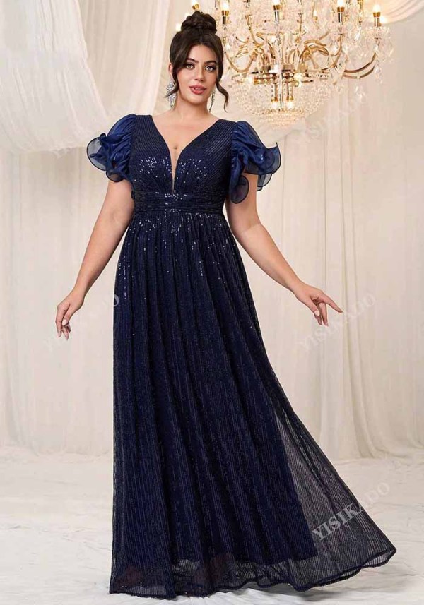 Plus Size Women Long Formal Party Short Sleeve Sequin Cocktail Party Dress