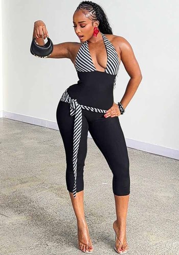 Women Patchwork Halter Neck V-Neck Jumpsuit