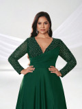Women Solid V-Neck Long Sleeve Sequin Elegant Formal Party Dress