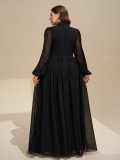Plus Size Women Spring Summer Long Sleeve Beaded Applique Elegant Maxi Dress