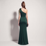 Women One Shoulder Beaded Floral Split Formal Party Maxi Evening Dress