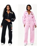 Women Casual Printed Hooded Long Sleeve Top and Wide Leg Long Pant Two Piece Set