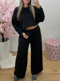 Women Round Neck Long Sleeve Top and Wide Leg Pant Casual Two Piece Set