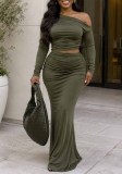 Women Elegant Solid Slash Shoulder Long Sleeve Top Pleated Skirt Two Piece Set