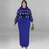 Plus Size Women Sequin Furry Collar Long Sleeve Dress