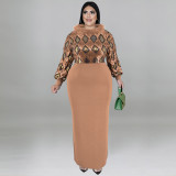 Plus Size Women Sequin Furry Collar Long Sleeve Dress