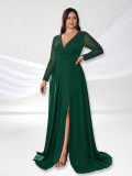 Women Solid V-Neck Long Sleeve Sequin Elegant Formal Party Dress