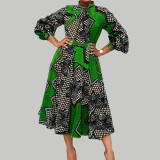 Women Printed Long Sleeve Stand Collar Dress