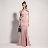 Women One Shoulder Beaded Floral Split Formal Party Maxi Evening Dress