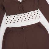 Women's Contrast Polka Dot Three Piece Tracksuit with Strapless Top Long Sleeve Top and Flared Pants