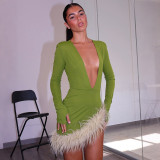 Sexy Solid Color Deep V Neck Long Sleeve Fuzzy Bodycon Dress