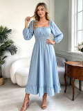 Women's Square Neck Long Sleeve Slim Waist and Ruffle Smocked Midi Dress(Processing Time 5-7 days）