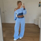 Fall Winter Women's Slash Neck Top Drawstring Pants Casual Two Piece Tracksuit