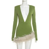 Sexy Solid Color Deep V Neck Long Sleeve Fuzzy Bodycon Dress