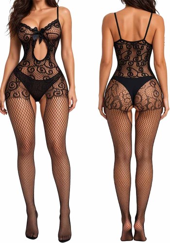 Sexy Floral See Through Fishnet Hollow Out Strappy Jumpsuit Lingerie