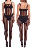 Sexy Strap Striped Black Fishnet Open Crotch Jumpsuit Lingerie