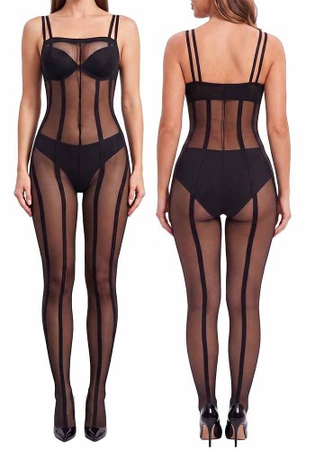 Sexy Strap Striped Black Fishnet Open Crotch Jumpsuit Lingerie
