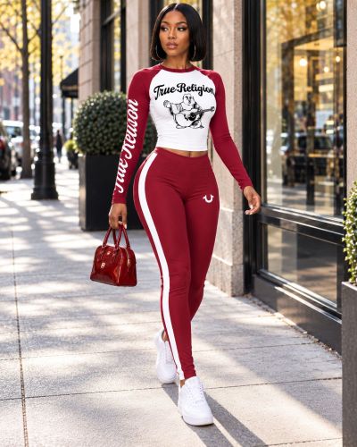 Women's Letter Print Long Sleeve Cropped T Shirt and High Waist Striped Slim Fit Pants Set