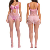 Sexy Floral See Through Fishnet Hollow Out Strappy Jumpsuit Lingerie