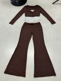 Women's Contrast Polka Dot Three Piece Tracksuit with Strapless Top Long Sleeve Top and Flared Pants