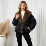 Fall Winter Women's Cotton Parka Jacket with Oversized Fur Collar and Toggle Buttons(Processing Time 5-7 days）