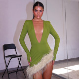 Sexy Solid Color Deep V Neck Long Sleeve Fuzzy Bodycon Dress