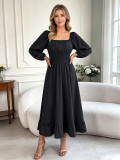 Women's Square Neck Long Sleeve Slim Waist and Ruffle Smocked Midi Dress(Processing Time 5-7 days）
