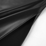 Fall Winter Women's High Waist PU Leather Side Slit Maxi Bodycon Skirt